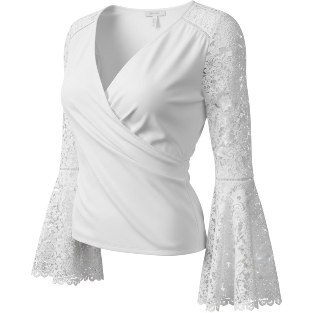 Bailey 44 Cream 100% Silk Lace Sleeve Wrap Blouse Surplice Top 412-B854 Medium